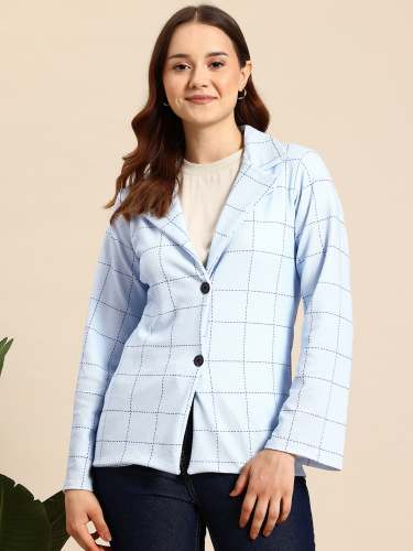 Women Light Blue Check Pattern Women's Blazer with Collar and Buttoned Front