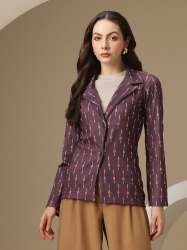 Women Maroon Ikat Print Formal Blazer with Collar and Button Closure for Women