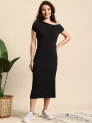 Women Midi Dress with Cap Sleeves in Stretchable Fabric