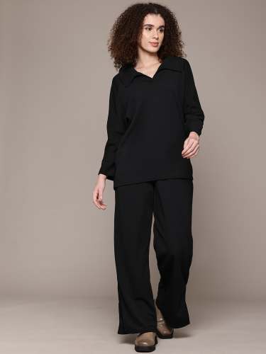 Women Relaxed Fit Co-Ord Set with Wide-Leg Trouser and Collared Top