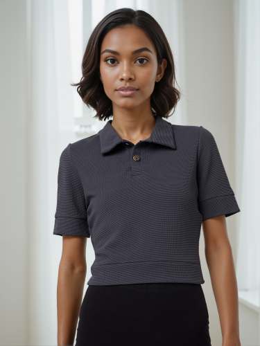 Women Ribbed Polo Collar Crop Top with Button Detail & Short Sleeves | Set of 4 Size