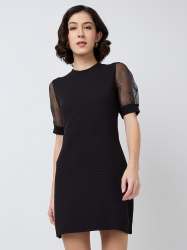 Women Short Dress with Sheer Puff Sleeves Elegant Look