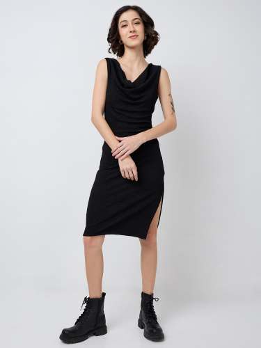 Women Sleeveless Draped Neck Bodycon Dress with Side Slit Chic Style
