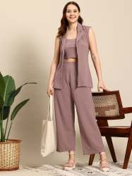 Women Sleeveless Three-Piece Co-Ord Set with Relaxed Trouser