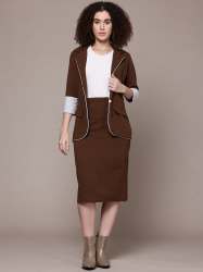 Women Solid Brown Co-Ord Set with White Piping Blazer & Skirt