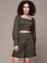 Women Square Neck Crop Top with Long Sleeves & Shorts Co-Ord Set thumb 2