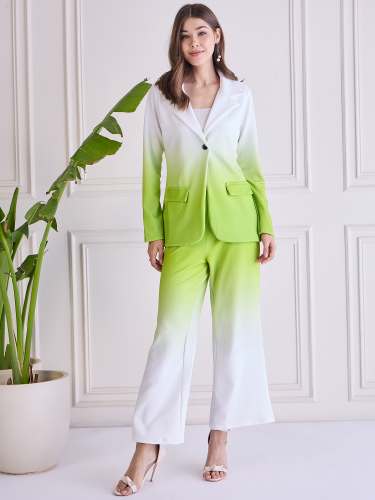 Women Stylish Green-White Ombre Blazer Co-ord Set in Stretchable Fabric