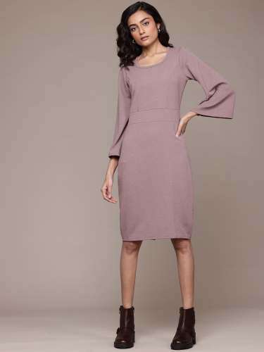 Women Textured Midi Dress with Bell Sleeves in Stretch Fabric