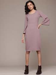 Women Textured Midi Dress with Bell Sleeves in Stretch Fabric