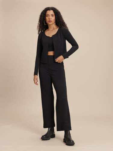 Women Three-Piece Co-Ord Set with Blazer, Crop Top & Straight Pants