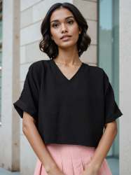 Women V-Neck Crop Top Trendy Casual Top | Set of 5 Size (XS,S,M,L,XL)