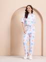 Women White Co-ord Set with Blue & Peach Sun-Shell Print, Drawstring Waist Trouser