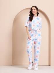 Women White Co-ord Set with Blue & Peach Sun-Shell Print, Drawstring Waist Trouser