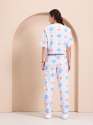 Women White Co-ord Set with Blue & Peach Sun-Shell Print, Drawstring Waist Trouser thumb 1