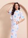 Women White Co-ord Set with Blue & Peach Sun-Shell Print, Drawstring Waist Trouser thumb 2