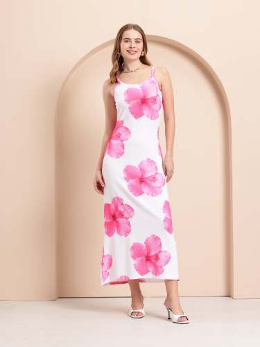Women White Sleeveless Maxi Dress with Bold Pink Floral Print in Stretch Fabric