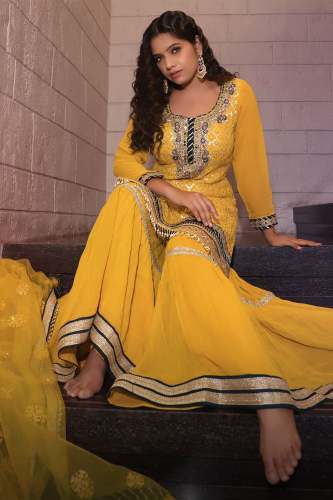 Butterscotch Yellow Georgette Gharara Suit