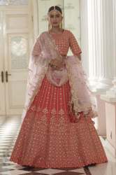 Coral Orange Silk Bridal Lehenga Choli