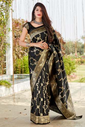 Jet Black Banarasi Silk Saree