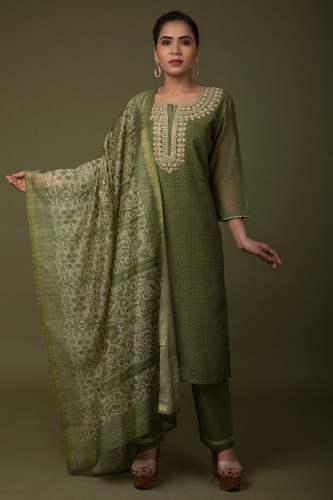 Olive Green Chanderi Silk Salwar Suit