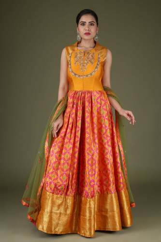 Royal Orange Raw Silk Anarkali Salwar Suit