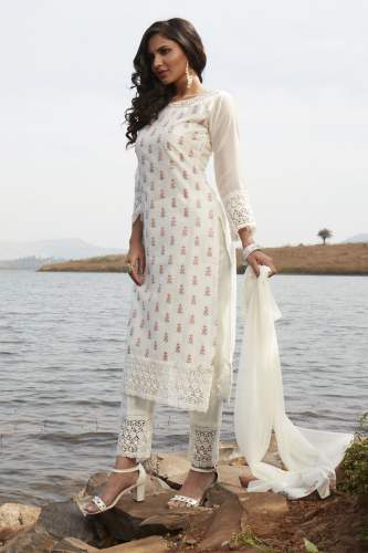 White Silk Straight Pant Suit at Rs.3956/1 in surat offer by Amrut The  Fashion Icon