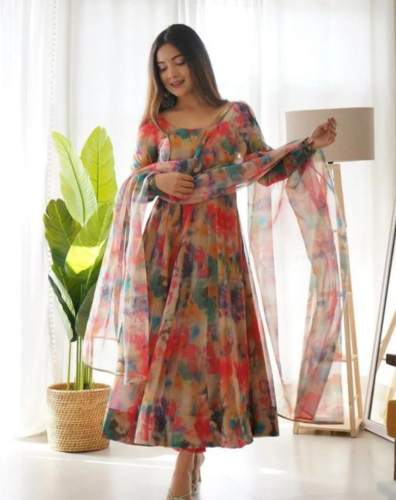 Multi Color Floral Printed Pleated Kurti With Dupatta