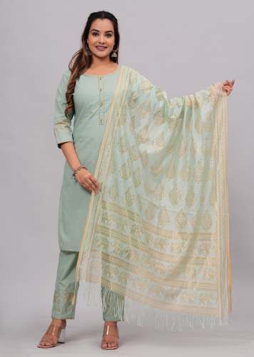 Women Cotton Rayon Kurta Pant Dupatta Set by pingaksh textile