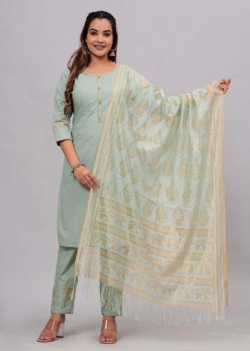 Women Cotton Rayon Kurta Pant Dupatta Set