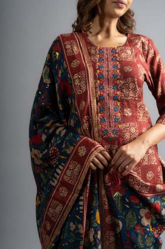 Brown Cotton Printed Kurta pants with Blue Dupatta (Set of 3)