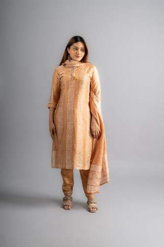 Cantaloupe Chanderi Silk Printed Kurta pants with Dupatta (Set of 3)