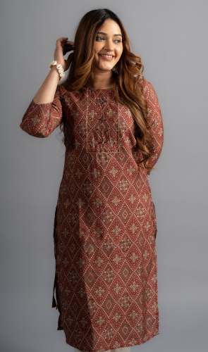 Cotton Printed A-Line Bandhani Kurta - Chocolate Brown