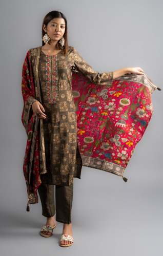  Cotton Brown Printed kurti pant dupatta set 