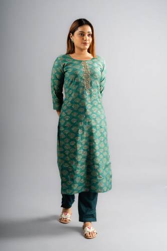 Cotton Printed A-Line Kurta Pants -Rama Green (Set Of Two)