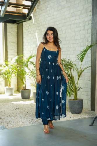  Exquisite blue chinnon  Sleevless kurta pant set by varmora enterprise