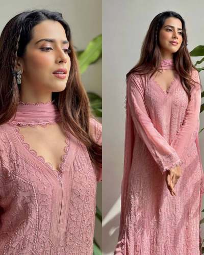  FAUX GEORGETTE TOP COTTON THREAD EMBROIDERED WORK AND WORK PLAZO WITH DUPATTA