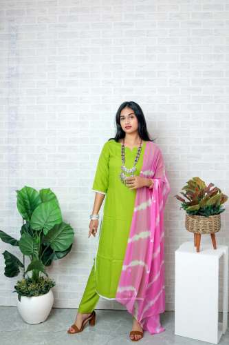 Fluorescent Green Solid Cotton rayon kurti pant dupatta set 