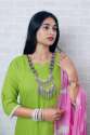 Fluorescent Green Solid Cotton rayon kurti pant dupatta set  thumb 3