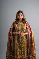 Henna Green  Embroidered Cotton kurti pant dupatta set