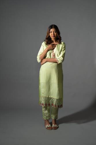 Light Green Embroidered Kurta pants with Dupatta (Set of 3)