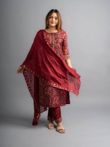 Maroon Cotton Printed Kurta pants with Dupatta (Set of 3)