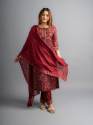 Maroon Cotton Printed Kurta pants with Dupatta (Set of 3)