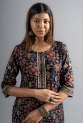 Navy Blue Cotton Printed Kurta pants with Dupatta (Set of 3)