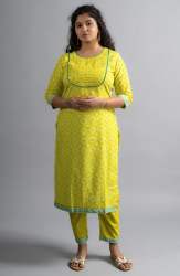 Neon Yellow Cotton Printed Kurta pants with Dupatta 