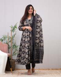  New Hand Block print Long slit Cotton 60'60 A,line kurta pant & Duppata 