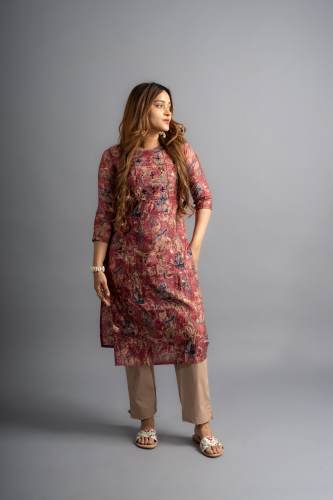 Pink Cotton Printed Kurta