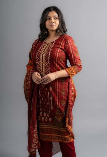 Amber Red Embroidered Kurta pants with Dupatta (Set of 3)