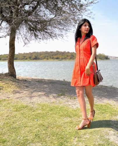 women cotton orange Rust Shirt tie-up belt mini dress