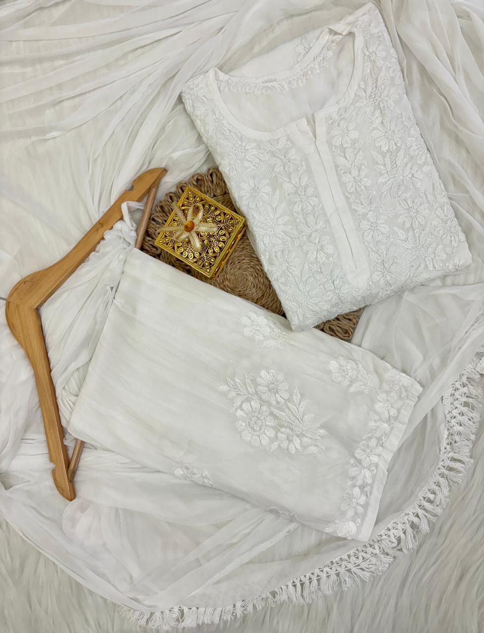 Chikankari Lucknowi kurties with Palazzo  by KINGSA TEXTILE OPC PRIVATE LIMITED