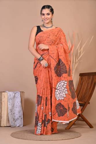 Beautiful And Elegant Cotton Mulmul Saree With Same Designer Blouse